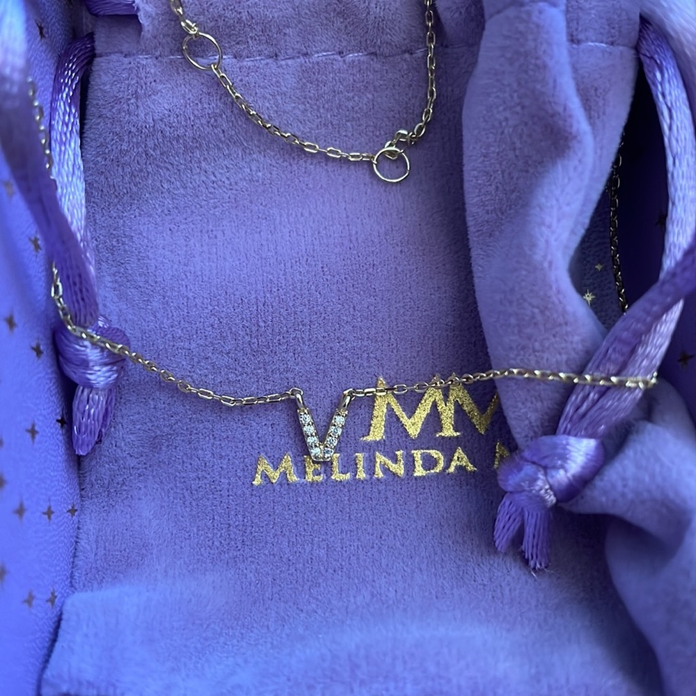 Melinda Maria Itty Bitty “V” Initial Gold Pendant Necklace